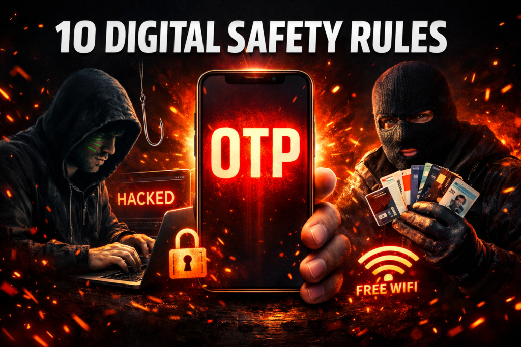 Dark-themed thumbnail showing cyber crime concept with a hooded hacker using a laptop, a glowing smartphone displaying OTP in red, and a masked cyber criminal holding stolen ID cards and credit cards. Background includes “HACKED” warning, phishing icon, lock symbol, and free WiFi sign with dramatic lighting and sparks, representing digital security threats.