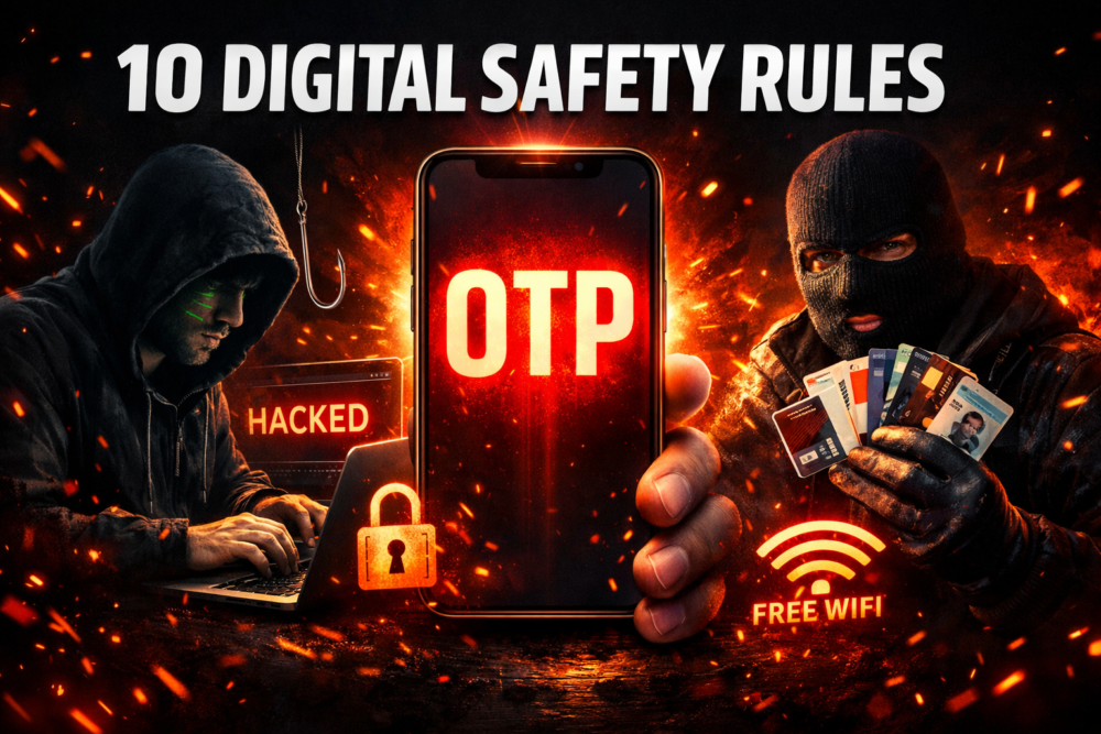Dark-themed thumbnail showing cyber crime concept with a hooded hacker using a laptop, a glowing smartphone displaying OTP in red, and a masked cyber criminal holding stolen ID cards and credit cards. Background includes “HACKED” warning, phishing icon, lock symbol, and free WiFi sign with dramatic lighting and sparks, representing digital security threats.