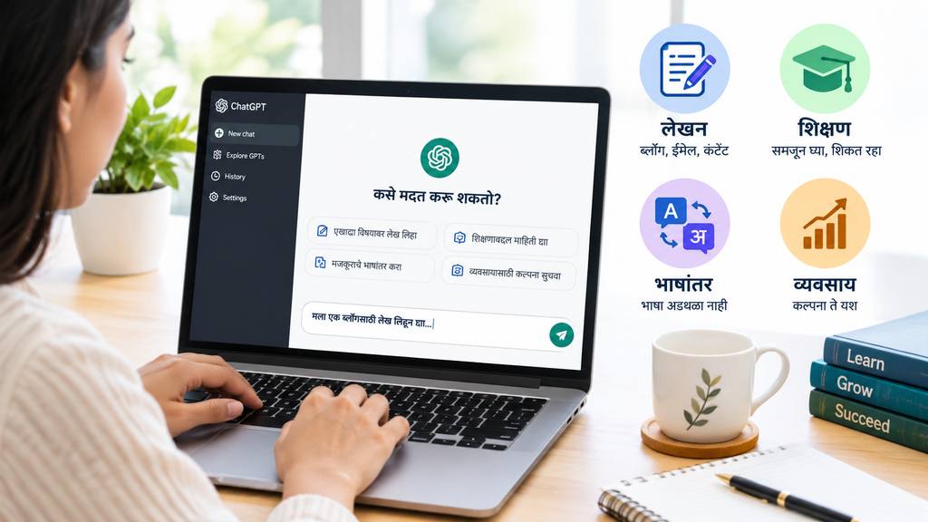 चॅट जीपीटी म्हणजे काय हे दर्शवणारे AI सहाय्यक आणि विविध दैनंदिन कामांचे चित्र.