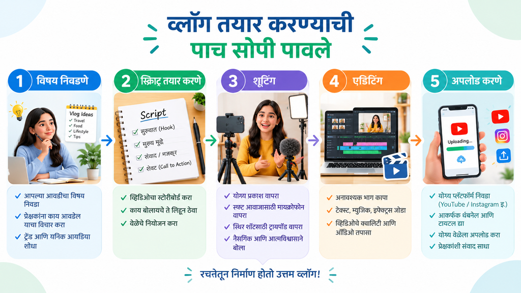 व्लॉगिंग कसे सुरू करावे हे दाखवणारा विषय निवडीपासून व्हिडिओ अपलोडपर्यंतचा फ्लोचार्ट]