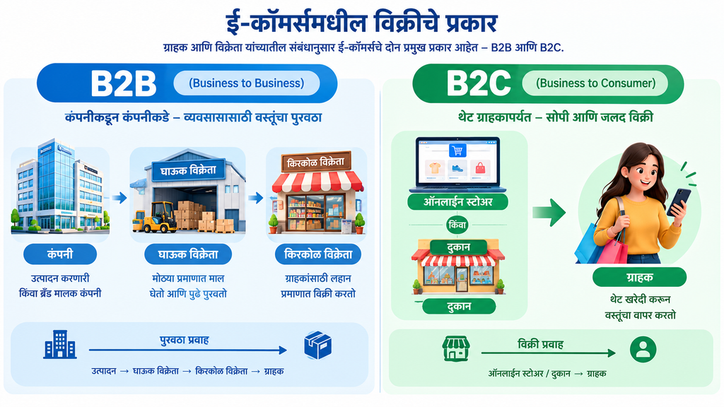 B2B आणि B2C मधील फरक दाखवणारे व्यवसाय ते ग्राहक विक्रीचे तुलनात्मक चित्र